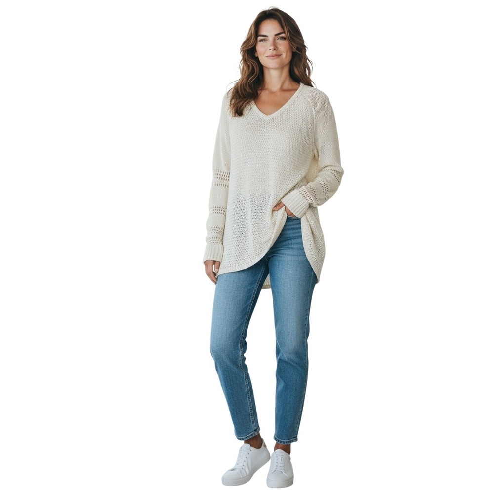 Tommy Bahama Womens Ivory V-Neck Crochet Knit Sharkbite Hem Tunic Sweater Size M - Picture 2 of 9